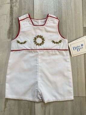 NWT The Bailey Boys White Heirloom Embroidered Wreath Shortall Romper boys 3M